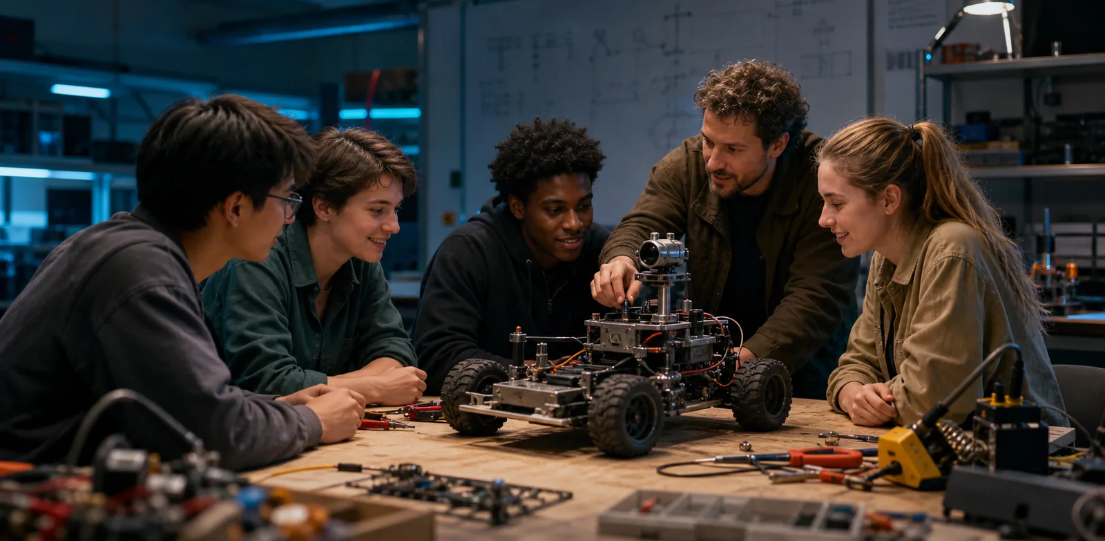 A diverse group of engineering learners collaborating around a sensor-equipped mobile robot