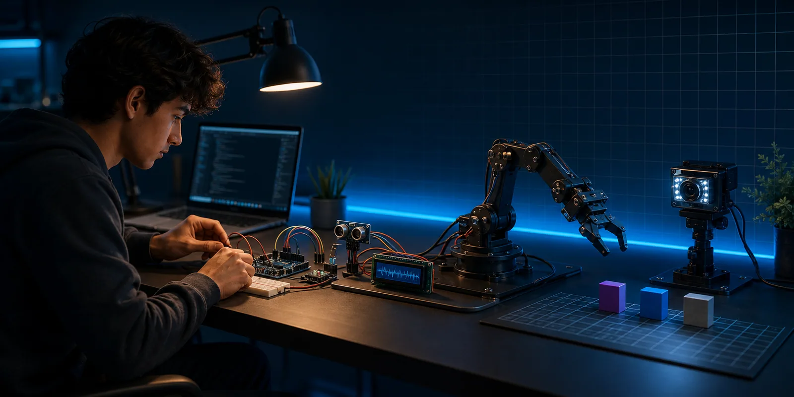 A learner connects code, sensors, a camera and a robot arm at an engineering workbench