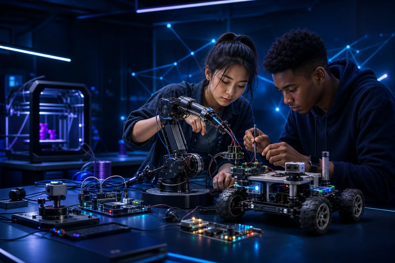 Two engineering learners wiring a robot arm and mobile rover in a technology workshop
