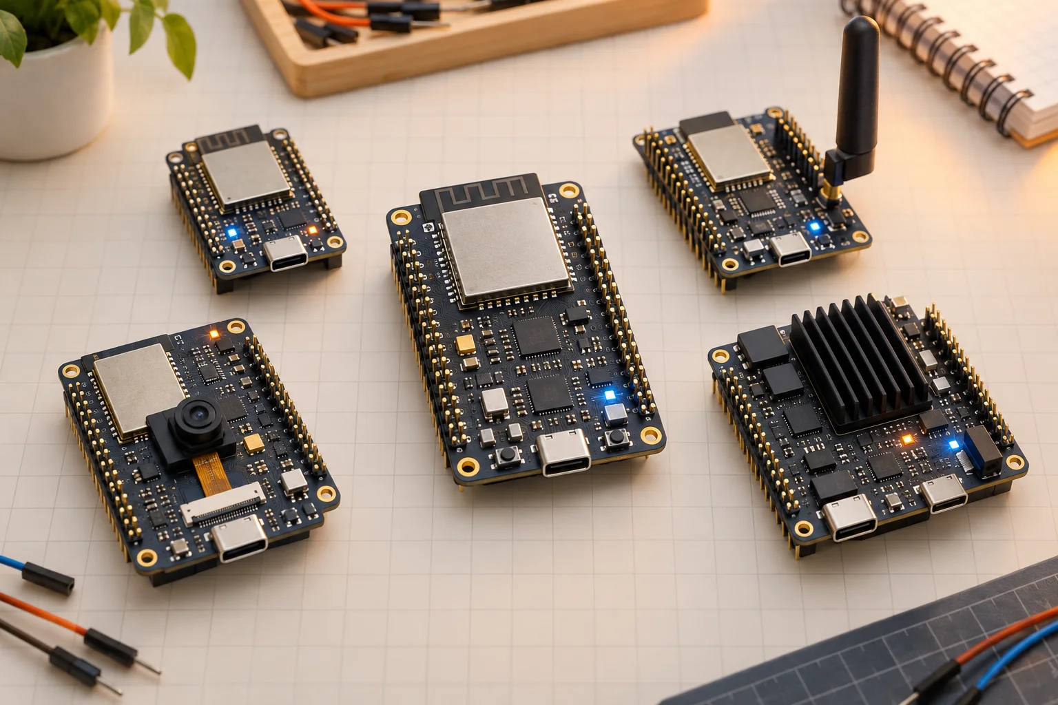 AI-created concept illustration of a family of generic ESP-style microcontroller development boards on an engineering workbench