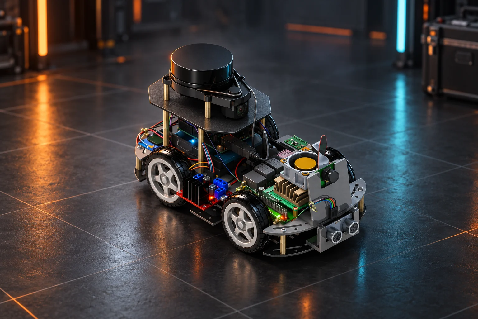 AI-enhanced engineering visualization of the WildeBeest Pro autonomous robot with LiDAR, camera, exposed electronics, ultrasonic sensors and four wheels